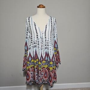 Umgee Bohemian Paisley Bell Sleeve Mini Dress Large